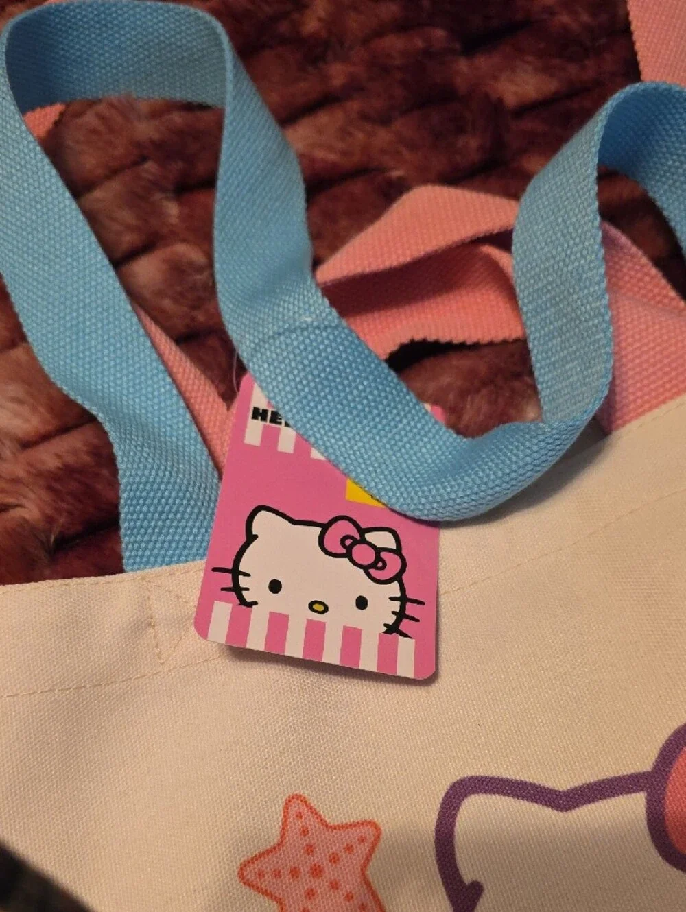 Hello Kitty Cream Tote with Pink & Blue Handles Nwt